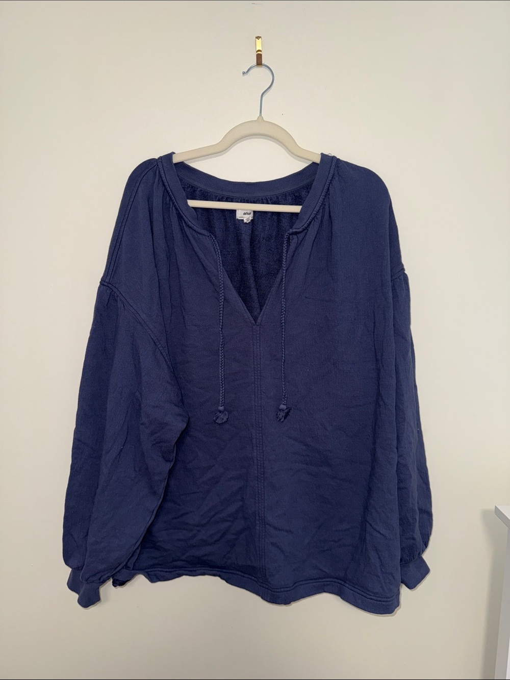 Aerie Cotton Navy Pullover with V-Neck Braided Ties